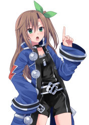 Rule 34 | 1girl, aisu (icicleshot), bow, brown hair, green eyes, hair between eyes, hair bow, hair ornament, if (neptunia), jacket, long hair, looking at viewer, neptune (series), open mouth, short shorts, shorts, simple background, solo, white background