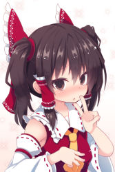 Rule 34 | 1girl, alternate hairstyle, ascot, beni shake, black hair, blush, bow, brown hair, detached sleeves, hair bow, hair ribbon, hair tubes, hakurei reimu, long hair, looking at viewer, nontraditional miko, parted lips, revision, ribbon, solo, touhou, twintails, twintails day, v