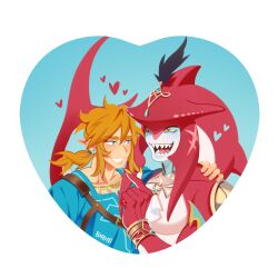 Rule 34 | 2boys, absurdres, armor, artist name, blonde hair, blue background, blue eyes, bombyoon, bracelet, claws, colored skin, ear piercing, elf, fins, fish boy, grin, hand on another&#039;s shoulder, hand up, hashtag-only commentary, heart, heart background, highres, interspecies, jewelry, link, long hair, looking at another, loving aura, male focus, monster boy, multiple boys, nintendo, open mouth, pauldrons, piercing, pointy ears, red skin, sharp teeth, shoulder armor, sidelocks, sidon, single pauldron, smile, teeth, the legend of zelda, the legend of zelda: breath of the wild, upper body, white skin, yaoi, yellow eyes