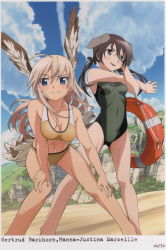 Rule 34 | 2girls, :d, ahoge, animal ears, artist request, beach, bikini, bird tail, black ribbon, blonde hair, blue eyes, blush, brown eyes, brown hair, character name, collarbone, competition swimsuit, dog ears, dog tail, gertrud barkhorn, hair ribbon, hanna-justina marseille, head wings, highres, lifebuoy, long hair, multiple girls, navel, official art, one-piece swimsuit, open mouth, ribbon, scan, scan artifacts, smile, sports bikini, strike witches, swim ring, swimsuit, tail, twintails, wings, witches of africa, world witches series