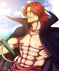 Rule 34 | abs, amputee, beard, bird, black cape, cape, cloud, facial hair, grey eyes, looking at viewer, mature male, muscular, muscular arms, muscular male, ocean, one piece, red hair, scar, seagull, shanks (one piece), unworn shirt, sky, smile, sun, sword, weapon