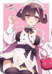 Rule 34 | 1girl, :o, ascot, bag, black ascot, black bow, black thighhighs, bow, breasts, brown hair, coat, commission, garter straps, hands up, highres, ikeuchi tanuma, long sleeves, looking at viewer, maid headdress, medium breasts, multicolored hair, open clothes, open coat, open mouth, original, pink background, pink eyes, short hair, shoulder bag, skeb commission, solo, standing, streaked hair, thighhighs, white coat