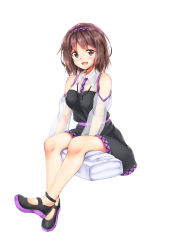 Rule 34 | 1girl, :d, absurdres, adapted costume, akiteru (akiteru98), bare shoulders, black dress, black footwear, blouse, blush, breasts, brown eyes, brown hair, clothing cutout, commentary request, dress, full body, hair between eyes, hairband, highres, large breasts, long sleeves, looking at viewer, open mouth, purple hairband, purple sash, sash, see-through, see-through sleeves, shirt, shoes, short dress, short hair, shoulder cutout, simple background, sitting, smile, solo, touhou, tsukumo yatsuhashi, white background, white shirt