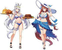 Rule 34 | 2girls, ahoge, alternate costume, animal ears, bare shoulders, bikini, black footwear, blue bow, blue eyes, blue shawl, bow, bracelet, braid, braided ponytail, breasts, brown hair, cleavage, commentary request, ear bow, feet, flower, food, full body, grey hair, grin, hair between eyes, hair flower, hair ornament, hamburger steak, hat, holding, holding food, horse ears, horse girl, horse tail, jewelry, large breasts, legs, long hair, looking at viewer, multicolored hair, multiple girls, necklace, oguri cap (umamusume), revision, sandals, scrunchie, shawl, simple background, smile, streaked hair, sun hat, super creek (umamusume), swimsuit, tail, thigh strap, toenails, toes, turkey (food), umamusume, very long hair, vococo, white background, white bikini, white headwear, wrist scrunchie