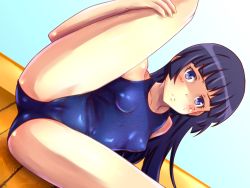 Rule 34 | 1girl, black hair, blue eyes, blue one-piece swimsuit, blunt bangs, blush, breasts, cameltoe, collarbone, commentary request, covered erect nipples, eyelashes, fingernails, gokou ruri, highres, leg hold, light frown, long hair, looking at viewer, mole, mole under eye, nike (0306), one-piece swimsuit, ore no imouto ga konna ni kawaii wake ga nai, school swimsuit, shaded face, shiny skin, skin tight, small breasts, solo, spread legs, swimsuit