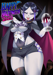 Rule 34 | 1girl, absurdres, bare shoulders, black hair, blue eyes, blue hair, breasts, cape, clothing cutout, collar, colored skin, commentary, covered navel, cowboy shot, cross-laced clothes, cross-laced legwear, cup, drinking glass, english text, fangs, frilled collar, frills, gloves, grey skin, greyscale, hair ornament, hairclip, half gloves, halloween, happy halloween, highres, holding, holding cup, leotard, looking at viewer, medium breasts, monochrome, multicolored hair, mystical high collar, original, pointy ears, ryuusei&#039;s 3x-yo girl, ryuusei (mark ii), short hair, short shorts, shorts, single thighhigh, skindentation, smile, solo, table, thighhighs, tongue, tongue out, two-tone hair, underboob, underboob cutout, vampire costume, white gloves, wine glass