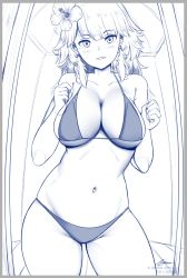 Rule 34 | 1girl, artist name, astraea (atelierastraea), bikini, breasts, cleavage, clenched hands, copyright notice, earrings, feather earrings, feathers, flower, hair flower, hair ornament, highres, hololive, hololive english, jewelry, large breasts, looking at viewer, monochrome, navel, sketch, skindentation, smile, solo, swimsuit, takanashi kiara, virtual youtuber