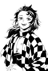 Rule 34 | 1boy, alternate hair length, alternate hairstyle, checkered clothes, demon slayer uniform, earrings, greyscale, hair slicked back, haori, highres, japanese clothes, jewelry, kamado tanjirou, kimetsu no yaiba, long sleeves, looking at viewer, male focus, monochrome, open mouth, otayumaru, ponytail, scar, scar on face, scar on forehead, simple background, smile, solo, twitter username, upper body