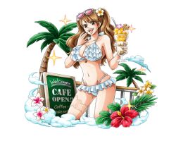 Rule 34 | 1girl, beach, bikini, blush, breasts, brown hair, charlotte pudding, curvy, eyewear on head, flower, hair flower, hair ornament, hibiscus, large breasts, long hair, looking at viewer, official art, one piece, one piece: treasure cruise, one piece treasure cruise, open mouth, palm tree, red flower, shiny skin, smile, sunglasses, sweat, swimsuit, teeth, thighhighs, thighs, thong bikini, tree, tsundere, twintails, upper teeth only