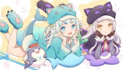 Rule 34 | 2girls, animal ears, black gloves, bloop (gawr gura), blue eyes, cat ears, choke (amamarin), collarbone, commentary, english commentary, fins, fish tail, gawr gura, gloves, grey hair, hands on own face, hat, highres, hololive, hololive english, looking at viewer, lying, multiple girls, murasaki shion, murasaki shion (1st costume), official art, on stomach, open mouth, orange eyes, ribbon, second-party source, shark girl, shark tail, sharp teeth, smile, tail, teeth, the pose, virtual youtuber, yellow eyes