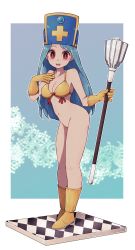 Rule 34 | 1girl, :d, bikini, bikini top only, blue background, blue hair, boots, border, bottomless, breasts, cross-section, dragon quest, dragon quest iii, full body, gloves, hand on own chest, hat, highres, holding, holding weapon, lamb-oic029, legs together, long hair, looking at viewer, mace, medium breasts, mitre, navel, open mouth, outside border, priest (dq3), red eyes, smile, solo, square enix, standing, swimsuit, weapon, white border, yellow bikini, yellow footwear, yellow gloves