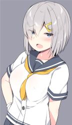 Rule 34 | 1girl, blue eyes, blush, breasts, buttons, gloves, hair between eyes, hair ornament, hair over one eye, half-closed eyes, hamakaze (kancolle), hand on own hip, highres, kanaka (kananan0910828), kantai collection, looking at viewer, medium breasts, open mouth, school uniform, serafuku, short hair, short sleeves, silver hair, simple background, skirt, solo, white gloves, yellow neckwear