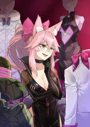 Rule 34 | 1girl, animal ear fluff, animal ears, black bodysuit, black dress, bodysuit, bow, breasts, center opening, china dress, chinese clothes, choker, cleavage, coat, coffeekite, dress, fang, fate/grand order, fate (series), fox ears, fox girl, fox tail, fur-trimmed coat, fur trim, glasses, green dress, green hat, hair between eyes, hair bow, hat, highres, hip vent, jacket, koyanskaya (assassin) (first ascension) (fate), koyanskaya (assassin) (second ascension) (fate), koyanskaya (british lostbelt outfit) (fate), koyanskaya (chinese lostbelt outfit) (fate), koyanskaya (fate), koyanskaya (foreigner) (first ascension) (fate), large breasts, long hair, mannequin, open mouth, pink bow, pink hair, ponytail, sidelocks, smile, tail, tamamo (fate), thighs, white coat, white jacket, yellow eyes