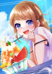 Rule 34 | 1girl, absurdres, blue eyes, blush, bra strap, braid, brown hair, cherry, crown braid, day, food, fruit, hair ornament, hairclip, hand on own cheek, hand on own face, highres, holding, holding spoon, long hair, looking at viewer, nail polish, open mouth, original, ririko ponpon, shaved ice, shirt, sky, smile, solo, spoon, star-shaped food, star (symbol), strap slip, strawberry, t-shirt, table, watermelon