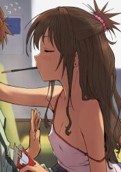 Rule 34 | 1boy, 1girl, absurdres, arado balanga (xchd7538), armpit crease, backlighting, bare shoulders, blush, breasts, brother and sister, brown hair, camisole, closed eyes, day, flat chest, flying sweatdrops, food, food in mouth, from side, hair bobbles, hair ornament, half updo, hetero, highres, holding, holding food, holding pocky, incoming pocky kiss, indoors, long hair, mouth hold, no bra, out of frame, pocky, pocky day, pocky in mouth, profile, shared food, siblings, small breasts, spaghetti strap, strap slip, to love-ru, to love-ru darkness, yuuki mikan, yuuki rito