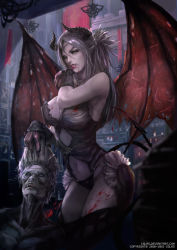 Rule 34 | 1girl, bare shoulders, blood, blood on face, blood on leg, breasts, cglas, cleavage, clothing cutout, collarbone, commentary, covered erect nipples, death, demon girl, demon horns, detached sleeves, english commentary, fangs, grey eyes, half updo, highres, holding head, horns, indoors, jewelry, large breasts, leotard, lingerie, navel, navel cutout, necklace, original, pale skin, parted lips, pointy ears, red lips, silver hair, solo, standing, torn wings, undead, underwear, vampire, wings, wiping mouth