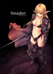 Rule 34 | 1girl, armor, armored boots, bikini, bikini armor, black armor, black bikini, black thighhighs, blonde hair, boots, breasts, brown eyes, cape, cleavage, closed mouth, collarbone, commentary request, elf, english text, from above, full body, gauntlets, groin, hair between eyes, highres, holding, holding sword, holding weapon, kirishima satoshi, long hair, looking at viewer, medium breasts, navel, original, pauldrons, pointy ears, red cape, sheath, shoulder armor, sidelocks, smile, solo, standing, stomach, swimsuit, sword, thighhighs, unsheathed, weapon