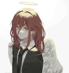 Rule 34 | 1boy, androgynous, angel devil (chainsaw man), angel wings, black necktie, black suit, brown hair, chainsaw man, champi, collared shirt, commentary, feathered wings, from side, grey eyes, hair between eyes, halo, highres, long hair, male focus, necktie, shirt, simple background, solo, suit, upper body, white background, white shirt, white wings, wings