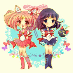 Rule 34 | 1990s (style), 2girls, bishoujo senshi sailor moon, bishoujo senshi sailor moon s, black eyes, black hair, boots, bow, brooch, bug, butterfly, character name, chibi usa, child, choker, cone hair bun, cooger, cross-laced footwear, doily, double bun, dress, full body, gloves, hair bun, hair ornament, hairpin, heart, heart brooch, insect, jewelry, knee boots, lace-up boots, luna-p, magical girl, multiple girls, own hands clasped, own hands together, pink dress, pink footwear, pink hair, pink skirt, pleated skirt, purple dress, purple footwear, purple skirt, red bow, red eyes, retro artstyle, ribbon, sailor chibi moon, sailor saturn, short hair, skirt, smile, tiara, tomoe hotaru, twintails, white gloves