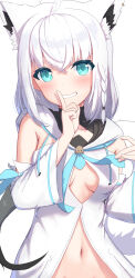 Rule 34 | 1girl, ahoge, animal ear fluff, animal ears, blue neckerchief, blush, braid, breasts, cleavage, commentary request, detached sleeves, earrings, fox ears, fox girl, fox tail, green eyes, grin, hair between eyes, highres, holding neckerchief, hololive, hood, hoodie, index finger raised, jewelry, long hair, looking at viewer, navel, neckerchief, pentagram, shirakami fubuki, shirakami fubuki (1st costume), shoreen54, sidelocks, simple background, single braid, small breasts, smile, solo, tail, virtual youtuber, white background, white hair, white hoodie