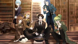 Rule 34 | 3boys, 3girls, angela (project moon), black eyes, black hair, black jacket, black necktie, black pants, black skirt, blue coat, blue hair, blue pants, book, book stack, bookshelf, brown hair, chesed (project moon), coat, collared shirt, cooking, fan zhongli cangshu, grey eyes, highres, hod (project moon), indoors, jacket, library, library of ruina, long hair, malkuth (project moon), multiple boys, multiple girls, nai ga (style), necktie, netzach (project moon), open mouth, pajeon (food), pants, parted bangs, project moon, roland (project moon), shirt, short hair, sidelocks, skirt, very long hair, white shirt, wok