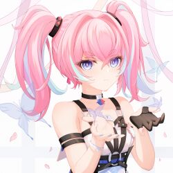 Rule 34 | 1girl, absurdres, bare shoulders, black gloves, blackheart`, blue butterfly, blue eyes, blue hair, bug, butterfly, chinese commentary, choker, closed mouth, commentary, commentary request, dress, gloves, hair between eyes, highres, honkai (series), honkai impact 3rd, insect, looking at viewer, multicolored hair, petals, pink hair, pink pupils, rozaliya olenyeva, rozaliya olenyeva (fervent tempo), single glove, sleeveless, sleeveless dress, solo, streaked hair, twintails, upper body, white background, white dress