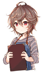 Rule 34 | 1girl, aged down, ahoge, brown hair, closed mouth, commentary request, copyright request, cropped torso, hair between eyes, holding, long sleeves, meito (maze), overalls, red eyes, sandalphon (granblue fantasy), sandalphon (server of a sublime brew) (granblue fantasy), shirt, short hair, simple background, solo, striped clothes, striped shirt, upper body, white background