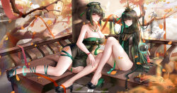 Rule 34 | 2girls, absurdres, barefoot, black footwear, black hair, breasts, china dress, chinese clothes, cleavage, crown, dress, elbow gloves, gloves, green eyes, green hair, hair ornament, hanying (punishing: gray raven), high heels, highres, jewelry, large breasts, long hair, looking at viewer, multicolored hair, multiple girls, nail polish, punishing: gray raven, qu (punishing: gray raven), red eyes, shoe dangle, sitting, smll233