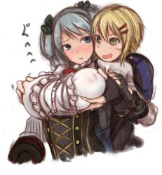 Rule 34 | 10s, 2girls, black gloves, blonde hair, blue eyes, blush, breasts, ciel alencon, corset, covered erect nipples, fingerless gloves, gloves, god eater, god eater 2: rage burst, grabbing, grabbing another&#039;s breast, grabbing from behind, green eyes, green hair, hair ornament, hair ribbon, hairclip, highres, large breasts, multiple girls, open mouth, player (god eater 2), ribbon, short hair, simple background, smile, twintails, wantsupanchi!!, white background, yuri