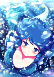 Rule 34 | 1girl, air bubble, bad id, bad pixiv id, blue eyes, blue hair, blush, breasts, bubble, cleavage, kisaragi zwei, large breasts, looking at viewer, matching hair/eyes, mermaid, monster girl, short hair, signature, smile, solo, touhou, underwater, wakasagihime