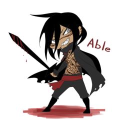 Rule 34 | 1boy, black hair, blood, cape, character name, chibi, grey eyes, grin, long hair, male focus, puyora, scp-076-2, scp foundation, sharp teeth, topless male, slit pupils, smile, solo, standing, sword, teeth, weapon