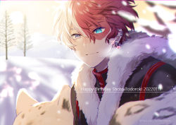 Rule 34 | 1boy, bare tree, blue eyes, blurry, blurry background, blurry foreground, boku no hero academia, breath, burn scar, character name, dappled sunlight, dated, depth of field, ear piercing, earrings, english text, foreground text, fur-trimmed jacket, fur trim, glint, hair between eyes, hair blowing, hana bie, happy birthday, heterochromia, jacket, jewelry, long bangs, looking at viewer, male focus, multicolored hair, multiple piercings, piercing, red hair, scar, scar on face, short hair, smile, snow, snow leopard, solo focus, split-color hair, stud earrings, sunlight, todoroki shouto, tree, two-tone hair, white hair, winter clothes