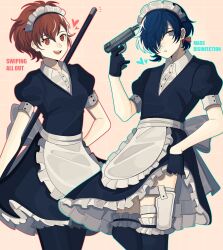 Rule 34 | 1boy, 1girl, absurdres, alternate costume, alternate hairstyle, apron, black dress, black gloves, black thighhighs, blue eyes, blue hair, bobamiruku, brown hair, clothes lift, collared shirt, crossdressing, dress, dress lift, english text, enmaided, evoker, frilled thighhighs, frills, gloves, grid background, gun, gun to head, hair between eyes, hair over one eye, hand on own hip, heart, highres, holding, holding gun, holding weapon, holster, looking at viewer, maid, maid apron, maid day, maid headdress, male maid, open mouth, persona, persona 3, persona 3 portable, pink background, puffy short sleeves, puffy sleeves, red eyes, shiomi kotone, shirt, short hair, short sleeves, short twintails, smile, thigh holster, thighhighs, twintails, undershirt, weapon, white apron, white shirt, yuuki makoto (persona 3)