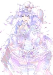 Rule 34 | 1girl, alternate costume, bad id, bad pixiv id, blush, crescent, dress, closed eyes, female focus, frills, happy, hat, highres, long hair, open mouth, patchouli knowledge, petals, purple hair, shunsuke, smile, solo, sparkle, steepled fingers, thighhighs, too many, touhou, very long hair, white thighhighs