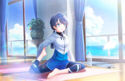 Rule 34 | 1girl, barefoot, black bodysuit, blue eyes, blue hair, blue jacket, blue shorts, blue sky, bodysuit, bodysuit under clothes, bottle, cellphone, closed mouth, cloud, dark blue hair, dolphin shorts, game cg, highres, horizon, jacket, link! like! love live!, long hair, looking ahead, love live!, low twintails, multicolored clothes, multicolored jacket, murano sayaka, official art, on floor, phone, plant, potted plant, shadow, shorts, sky, smartphone, smile, solo, split, stretching, third-party source, twintails, two-tone jacket, virtual youtuber, water bottle, white jacket, window shadow