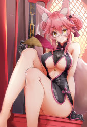 Rule 34 | 1girl, animal ear fluff, animal ears, black dress, breasts, center opening, china dress, chinese clothes, dress, fate/grand order, fate (series), fox ears, fox girl, fox tail, glasses, hand fan, highres, koyanskaya (chinese lostbelt outfit) (fate), koyanskaya (fate), large breasts, long hair, looking at viewer, pink hair, sezok, sitting, solo, tail, tamamo (fate), thighs, yellow eyes