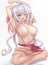 Rule 34 | 1girl, ahoge, blush, breasts, cleavage, japanese clothes, kimono, large breasts, low twintails, navel, one eye closed, open mouth, purple eyes, r-binon, senki zesshou symphogear, silver hair, simple background, sitting, solo, twintails, white background, yawning, yukata, yukine chris
