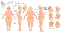 Rule 34 | absurdres, ass, blonde hair, blue eyes, bo (normie), breasts, commentary, completely nude, english commentary, english text, highres, large areolae, large breasts, light smile, making faces, nipples, normie, nude, original, pubic hair, pussy, smile, thick thighs, thighs, white background