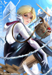 Rule 34 | 1girl, absurdres, artist name, bag, bearwitch, bird, blue eyes, blue sky, blurry, blurry background, bodysuit, city, day, depth of field, dove, earphones, expressionless, eyebrow piercing, flying, gwen stacy, handbag, highres, hood, hood down, hooded bodysuit, lens flare, looking at viewer, m/, marvel, motion blur, piercing, short hair, silk, sky, solo, spider-gwen, spider-man: into the spider-verse, spider-man (series), spider-verse, spider web, spider web print, sunlight, superhero costume, tight clothes, wings