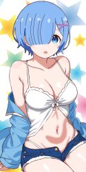 1girl bare_shoulders blue_eyes blue_hair breasts cleavage highres looking_at_viewer re:zero_kara_hajimeru_isekai_seikatsu rem_(re:zero) remnia sitting solo