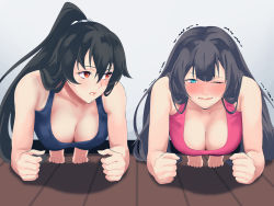 Rule 34 | 2girls, agano (kancolle), barefoot, black hair, black tank top, blue eyes, blush, breasts, cleavage, commentary request, commission, exercising, kantai collection, large breasts, lips, long hair, looking at viewer, multiple girls, nose blush, pink tank top, ponytail, push-ups, red eyes, scrunchie, shingyou (alexander-13), sidelocks, tank top, yahagi (kancolle)
