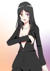 Rule 34 | 1girl, alttisia15, black hair, blush, breasts, brown eyes, covering privates, covering breasts, cowboy shot, embarrassed, formal, heterochromia, highres, hope alanzi, jacket, long hair, long sleeves, medium breasts, nintendo, open clothes, open jacket, open mouth, purple eyes, solo, suit, xenoblade chronicles (series), xenoblade chronicles x