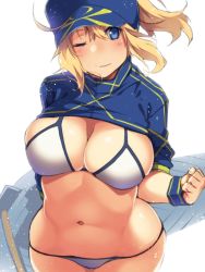 Rule 34 | 1girl, artoria pendragon (fate), baseball cap, bikini, blonde hair, blue eyes, blue hat, blue jacket, breasts, cleavage, commentary, cropped jacket, fate/grand order, fate (series), hair between eyes, hair through headwear, hat, highres, jacket, kuronyan, large breasts, mysterious heroine x (fate), mysterious heroine xx (fate), navel, one eye closed, ponytail, shrug (clothing), simple background, smile, solo, swimsuit, white background, white bikini, wristband