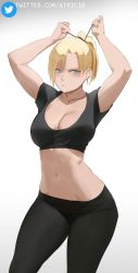 Rule 34 | 1girl, alternate costume, annie leonhart, artist name, atric18, black shirt, blonde hair, blouse, blue eyes, blush, breasts, cleavage, collarbone, female focus, gradient background, highres, large breasts, looking at viewer, navel, pants, ponytail, shingeki no kyojin, shirt, simple background, solo, stomach, twitter logo, white background, yoga pants