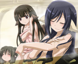 Rule 34 | 3girls, age difference, animal ears, aquaplus, arm up, bare arms, bare shoulders, bathing, black hair, blush, breasts, brown hair, closed eyes, closed mouth, collarbone, completely nude, covering privates, covering breasts, cowboy shot, hair between eyes, hair down, hair over shoulder, head tilt, height difference, in water, kuon (utawarerumono), long hair, medium breasts, multiple girls, nekone (utawarerumono), nude, raised eyebrows, red eyes, rulutieh, shirosame, sidelocks, sitting, smug, steam, swept bangs, tail, towel, towel over breasts, twintails, utawarerumono, utawarerumono: itsuwari no kamen, very long hair, water