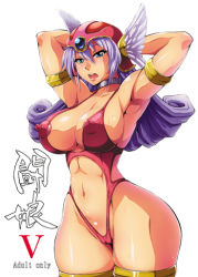 Rule 34 | 1girl, areola slip, armpits, arms behind head, arms up, breasts, cameltoe, chunsoft, cleft of venus, covered erect nipples, curvy, dragon quest, dragon quest iii, enix, helmet, highleg, highleg swimsuit, hip focus, large breasts, long hair, motsu ryouri, motsumotsu, muscular, purple hair, revealing swimsuit (dq), soldier (dq3), solo, swimsuit, thick thighs, thighs, wide hips
