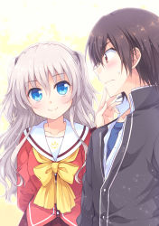 Rule 34 | 1boy, 1girl, blue eyes, blush, bow, breasts, brown eyes, brown hair, charlotte (anime), closed mouth, collar, collarbone, collared shirt, commentary request, embarrassed, from side, hair between eyes, hoshinoumi academy school uniform, jacket, kousetsu, long hair, looking at another, looking at viewer, otosaka yuu, red jacket, school uniform, serafuku, shirt, silver hair, simple background, smile, tomori nao, two side up, upper body, white background, white shirt, yellow bow