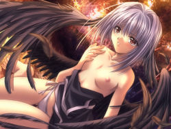 Rule 34 | 1girl, black dress, black wings, blush, breasts, breasts out, clothes lift, clothes pull, collarbone, dress, dress lift, dress pull, dutch angle, feathers, game cg, grabbing own breast, hair between eyes, hair intakes, hand on own chest, head wings, izumo, izumo 2, looking to the side, nature, nipples, no bra, on ground, outdoors, panties, parted lips, petite, purple hair, red eyes, short hair, side-tie panties, silver hair, sitting, small breasts, solo, sunset, thigh gap, tree, underwear, undressing, wariza, white panties, wings, yamamoto kazue, yatarou, yatarou (izumo)