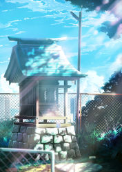 Rule 34 | blue sky, building, can, city, cityscape, cloud, commentary request, day, drink can, fence, grass, hankachi (okayama012), highres, no humans, offering, original, plant, scenery, shade, shrine, sky, soda can, sunlight, tree