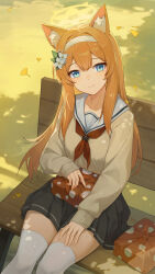 Rule 34 | 1girl, absurdres, alternate costume, animal ear fluff, animal ears, bento, black skirt, blue archive, blue eyes, broken (7589468), cat ears, closed mouth, floating hair, flower, hair flower, hair ornament, hairband, halo, highres, long hair, long sleeves, looking at viewer, mari (blue archive), neckerchief, on bench, orange hair, outdoors, red neckerchief, sailor collar, school uniform, shirt, sidelocks, sitting, skirt, smile, solo, thighhighs, white flower, white hairband, white sailor collar, white thighhighs, zettai ryouiki